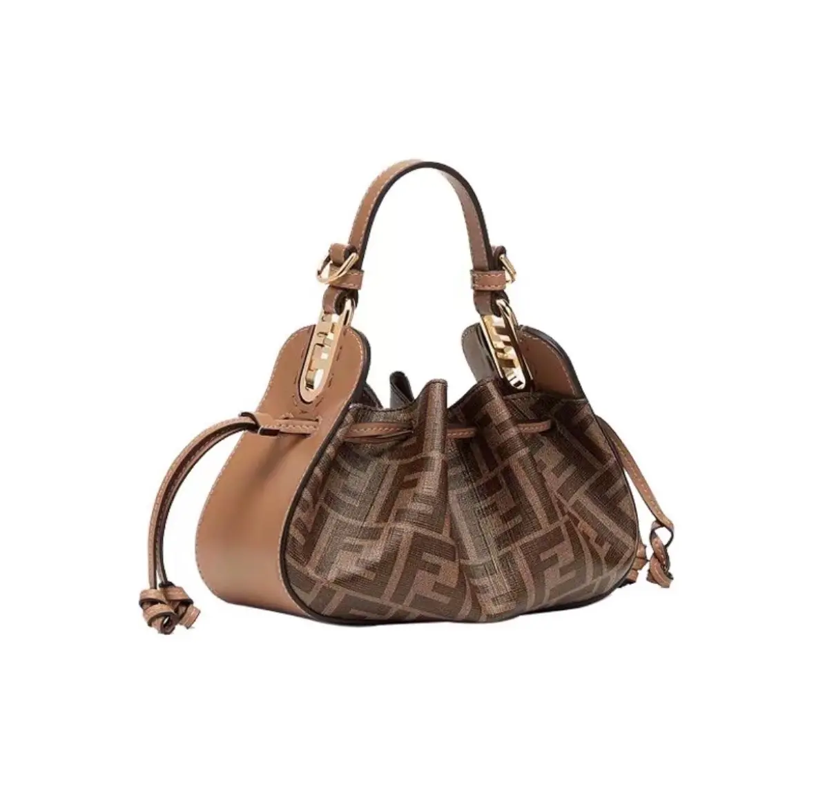 Pre-owned FENDI Pomodorino Mini Drawstring Top Handle Crossbody Bag, Capsule Collection, All Over FF Monogram Canvas with Calfskin Leather Trim, Gold Tone Hardware（2602837）