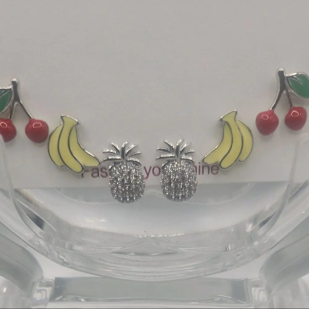 Fruit Earrings 14k Gold Plated - Pineapple Design with Cherries and Bananas Accents