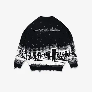 The Monsters Nearby Knit Sweater with Unique Design and Lettering - Medium Length Long Sleeve Casual Rock Style for Winter