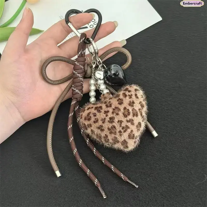 Women's Cute Leopard Print Heart-Shaped Metal Chain Charm Keychain, Detachable Bag Accessory, Valentine’s Day Gift, Animal Motif Keychain, Fashion Bag Charm, Bag Charms, Charm Keychain Keychains