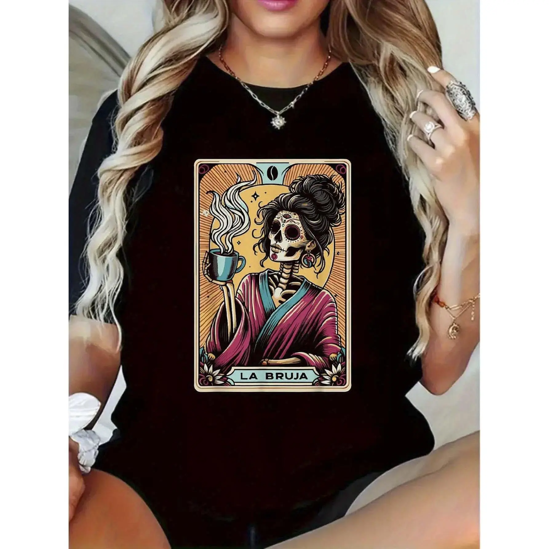 Women's Casual Graphic Tshirt, All-Season Vintage La Bruja Skull Short Sleeve Polyester Crew Neck Top, Minimalist, All Seasons, Machine Washable