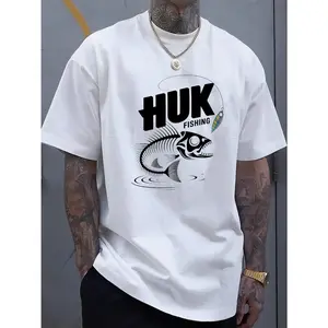 Men's Black HUK Fishing Graphic Print T-Shirt - Summer casual short sleeve T-shirt with jumping fish graphic, lightweight breathable fabric, suitable for outdoor activities and casual wear, casual clothing, statement shirt