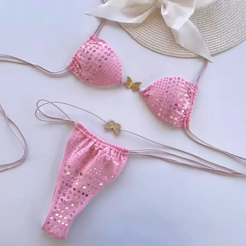 Rhinestone Butterfly Bikini Set - Pink Sequin Top & Bottom with Adjustable Straps for Women