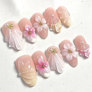 Trending Summer 3D Flower Seashell Starfish Nude Almond Acrylic Press-on Nails| Handmade Crystal Decor, Reusable Handmade Wearable Armor, Persistent Live Shooting, Handmade Press Nails, Gel X Acrylic Set, Removable Reusable Fake Nails
