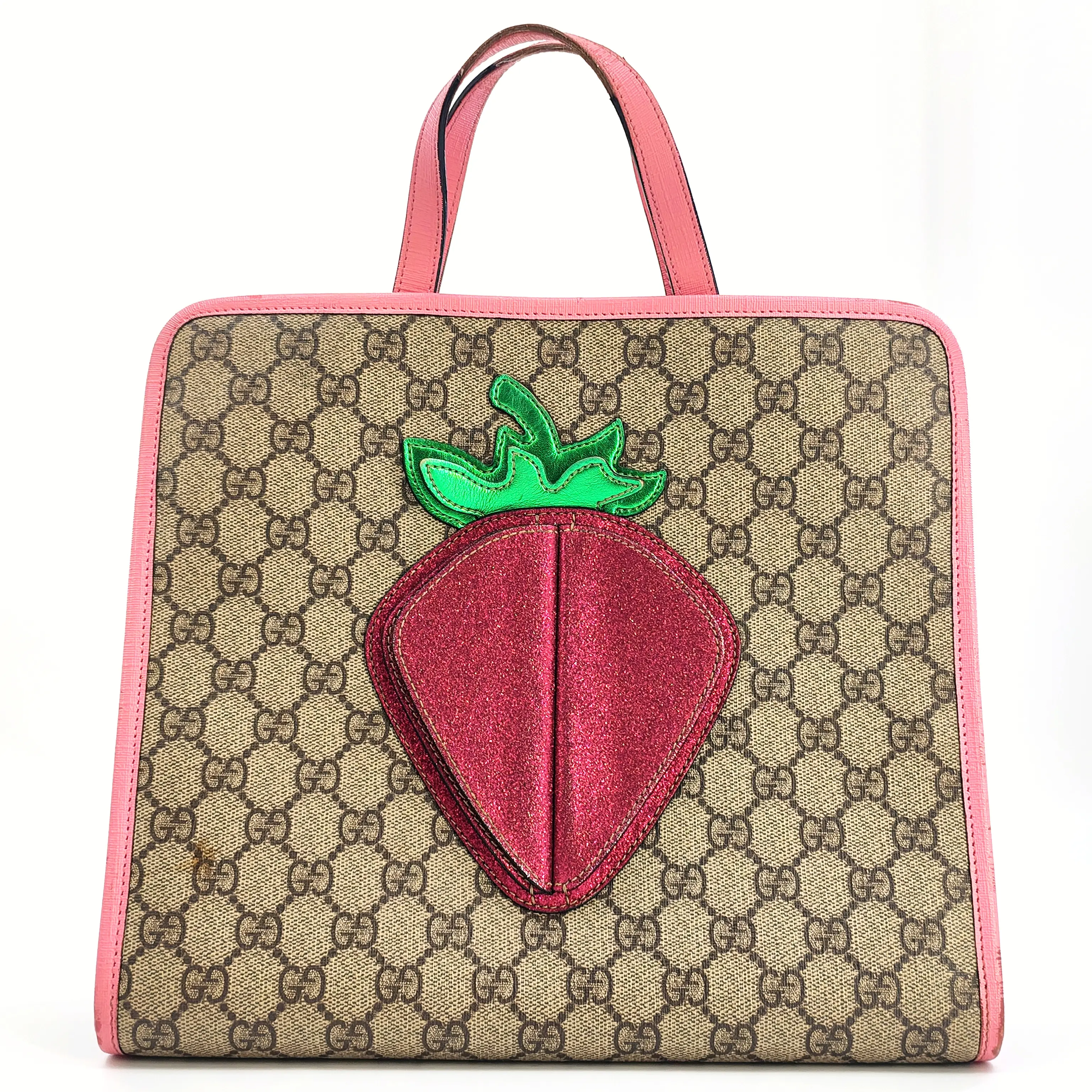 Pre-owned GUCCI canvas Tote bags Girls' GG Supreme Strawberry Tote Bag with snap closure at top.JS0031 no1