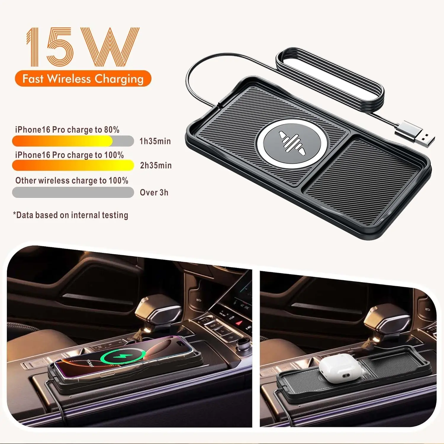 Wireless Car Charger, 15w Fast Charging Pad, Non-Slip Design, Magnetic Phone Charger, Compatible with iPhone 17/16/15/14/13/12 Pro Max, Android Devices, 100cm Cable Included, USB Car Charger, Automotive Car Charger