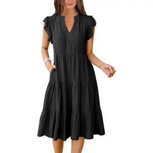 ANRABESS Womens Summer Ruffle Sleeve V Neck Midi Dress 2024 Fashion Casual Fit Flowy Tiered Boho Beach Vacation Sundress