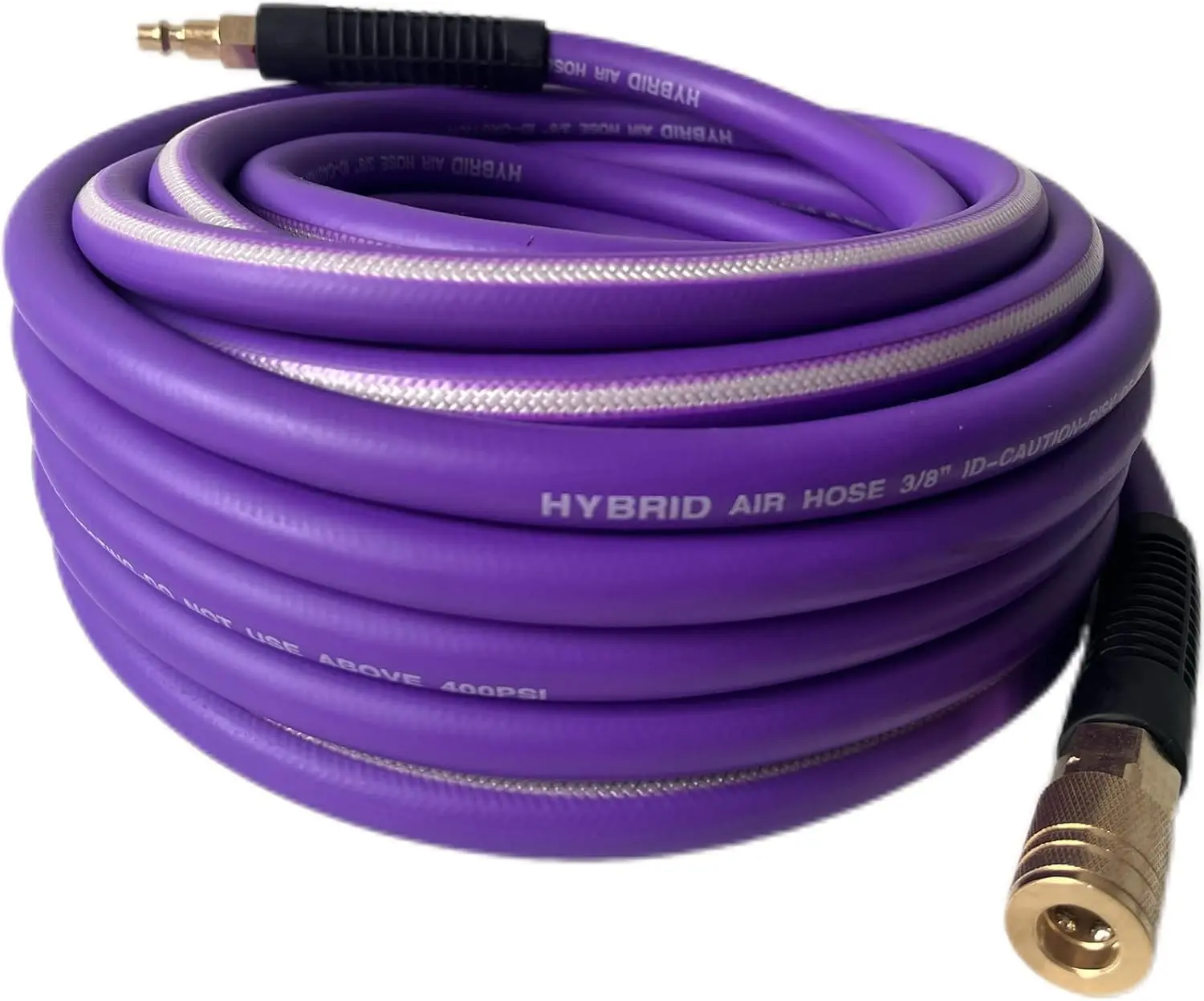 Air Hose 3/8 in x 100 ft, Heavy Duty, Lightweight, Kink Resistant, Hybrid Air Compressor Hose with 1/4 in Solid Brass Male Fittings, Bend Restrictors, 300 PSI(100FT, Purple White)