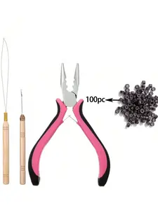 100pc Hair Extension Heatless Tool Set, Mini Ring Hook Needle, Multifunctional Hair Loop Clips, 3-Piece Kit for Home Use, Includes Pliers and Hooks