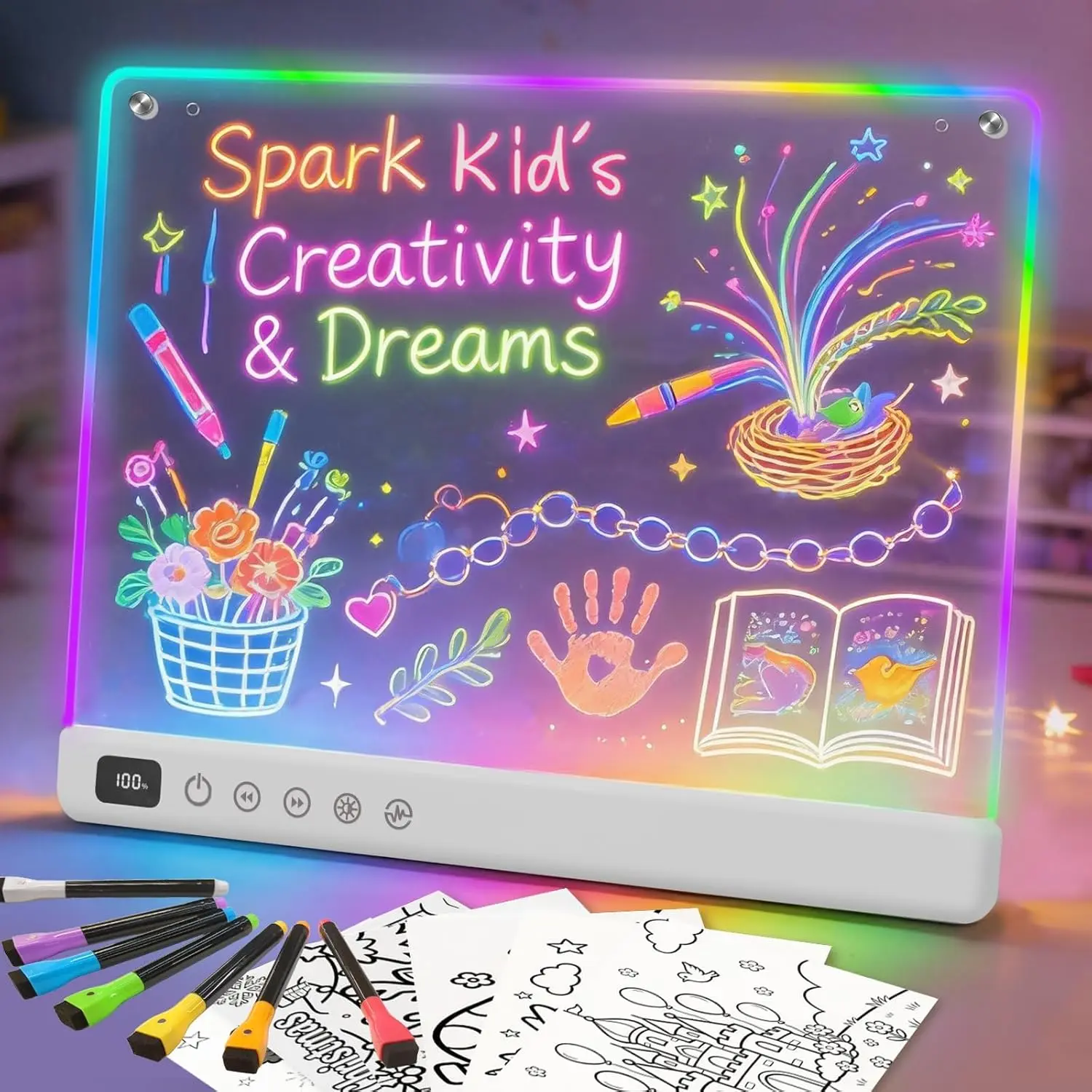 Cosmody Rechargeable LED Drawing Board for Kids, Large 16" Light Up Drawing Pad with 8 RGB Colors & 6 Dynamic Modes, Neon Art Dry Erase Board with Tracing Book & 7 Markers,Creative Gift for Girls Boys