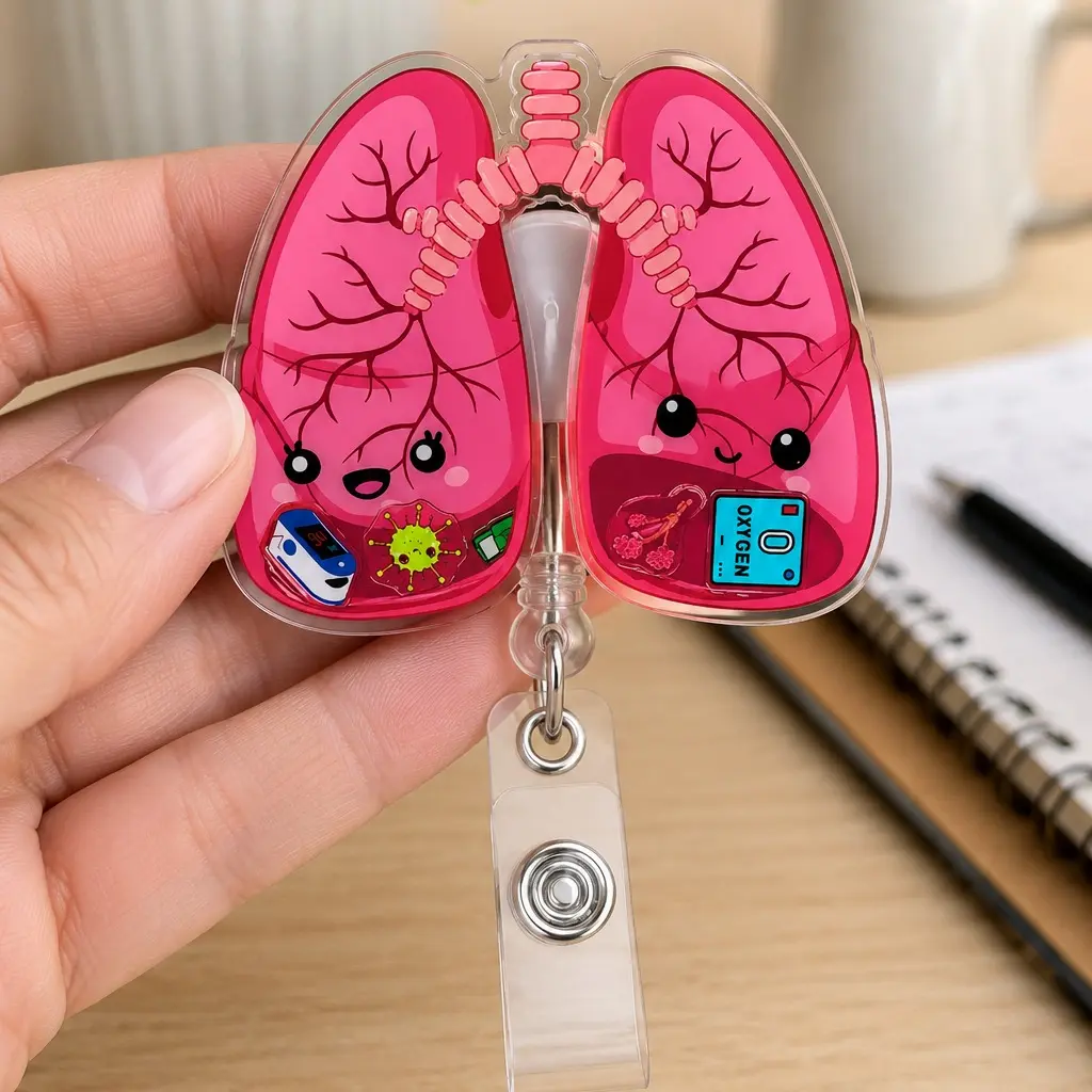 Kawaii Lungs Badge Reel, Respiratory Therapist Acrylic Retractable ID Holder, Pulmonology Nurse Badge Clip, Medical Gift