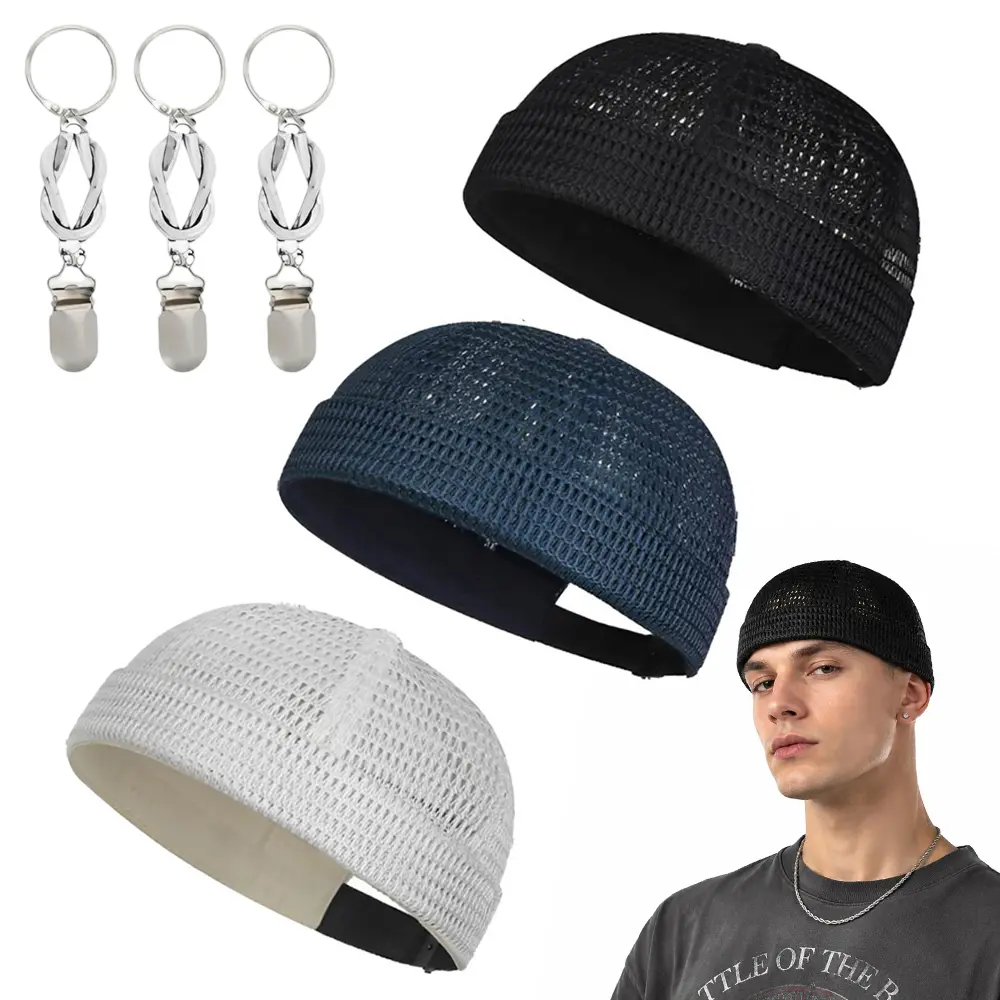 Men's Tang Style Skull Cap 3-Pack with 3-Pc Clip Kit, Street Style Breathable Brimless Mesh, Portable Lightweight Ultra-Cooling Adjustable Docker Beanie for Humid Weather Outdoor Activities (Black, Beige, Blue)