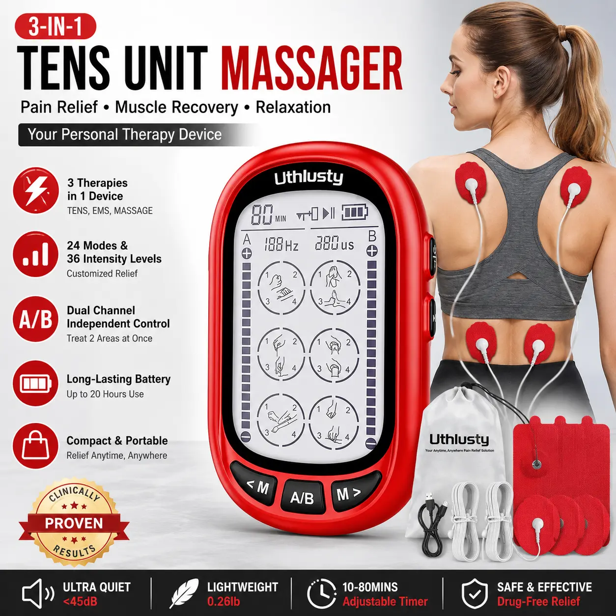 TENS EMS Muscle Stimulator for Adults, Dual-Channel Electronic Pulse Massager for Neck – 24 Modes, 36 Intensity Levels, Large LCD Screen, Portable Rechargeable with 10 Electrode Pads,summerwins