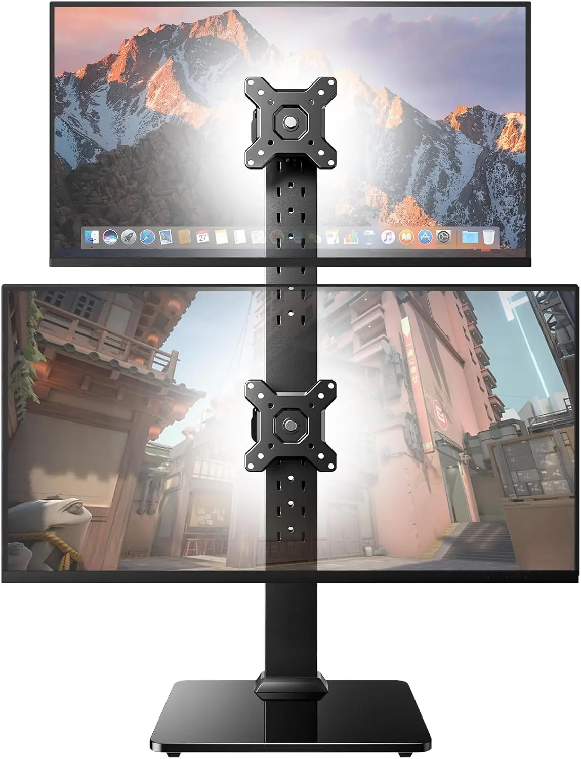 HUANUO Dual Monitor Stand for 13 to 34-inch screens, supports up to 44 lbs, vertical mount design, freestanding monitor riser with swivel, tilt, and rotation features, 13 adjustable height settings, max VESA 100x100.