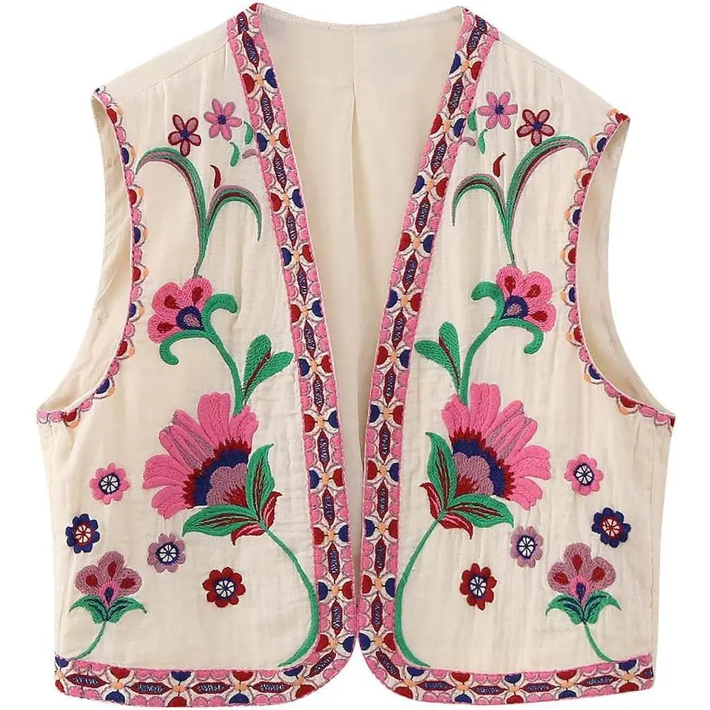 Women's Vintage Floral Embroidery Vest Casual Open Front Sleeveless Cardigan Waistcoat