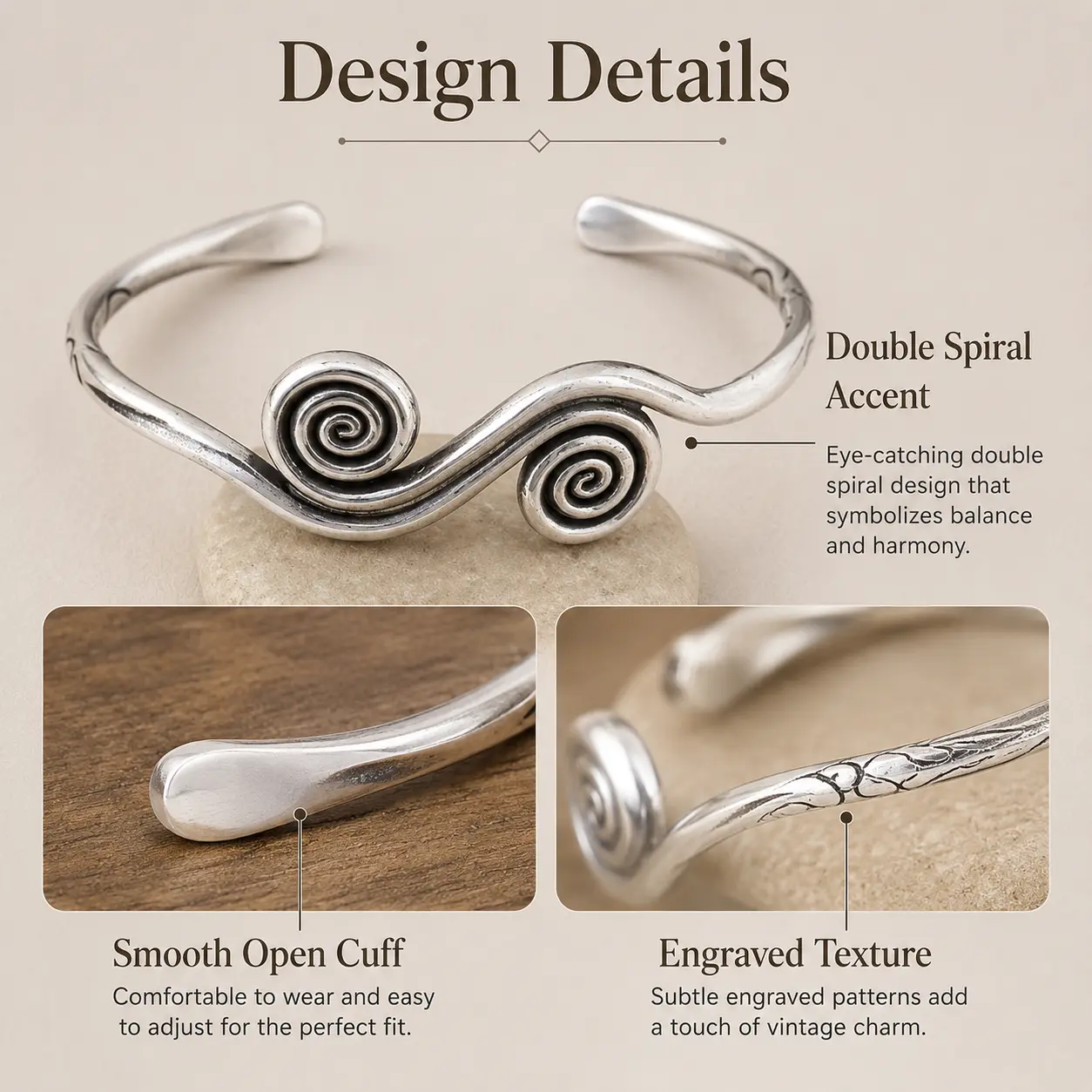 Women's Silver Vintage Double Spiral Cuff Bracelet - 5.6 cm Width, 6.7 cm Height, Engraved Texture, Sparkling, Lightweight, Comfortable, Versatile, Retro Dark Romance Jewelry for Summer Gifting, Daily Wear (Silver Sparkling Bracelets & Bangles), Retro Bra