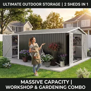 Outdoor Storage Shed 10x14 Metal Shed with 3 Lokable Doors 4 Air Vents Sloped Roof Heavy Duty Utility Tool House for Backyard Organization Patio Lawn Storage Dark Grey Metal Building Kit DIY Home Improvement Ideas Waterproof