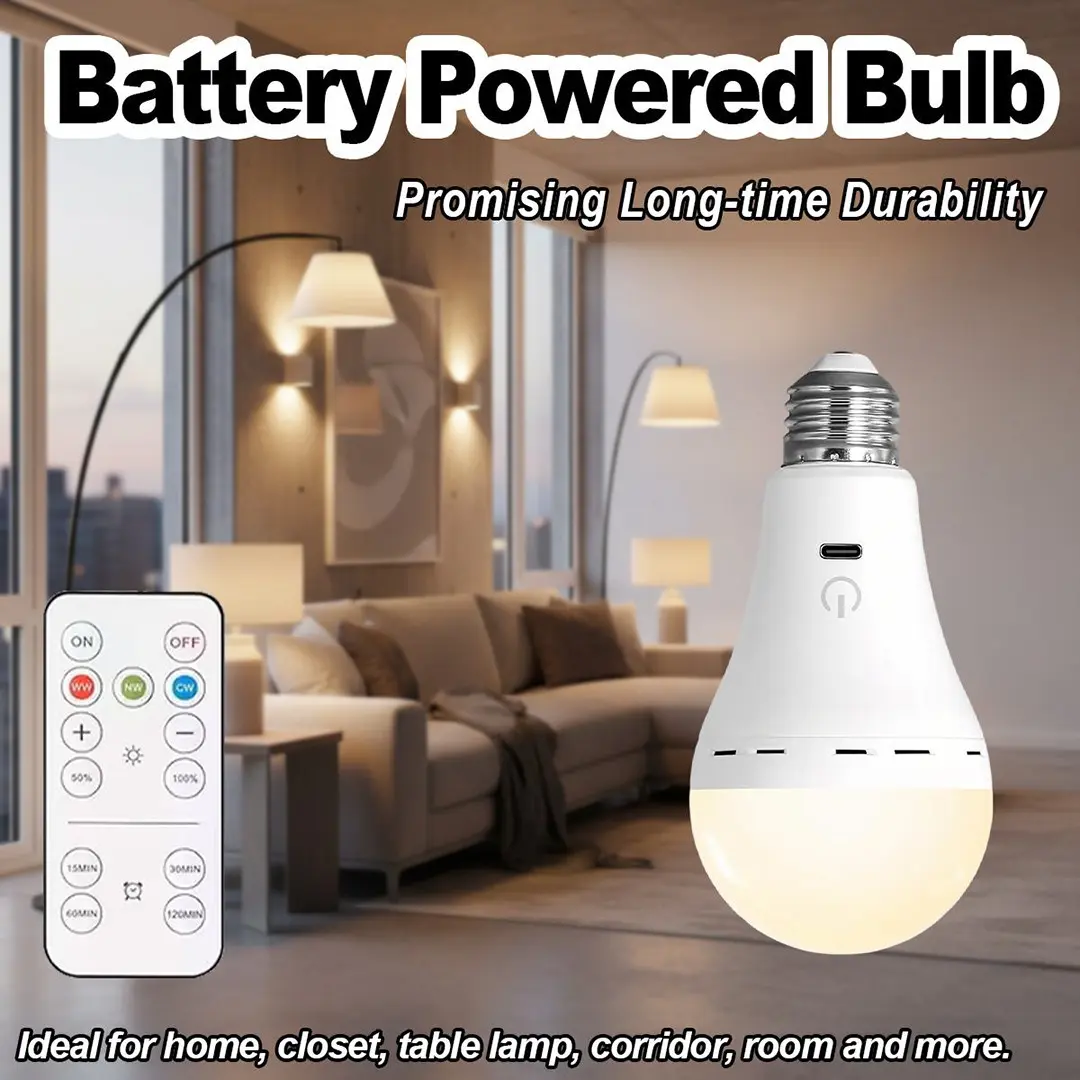Rechargeable Emergency Light Bulbs, Battery Operated Light Bulb for Sconces and Desk Lamp, Dimmable in 3 Colors Selectable, USB Rechargeable E27 Equivalent for Home Power Outage Camping Decoration