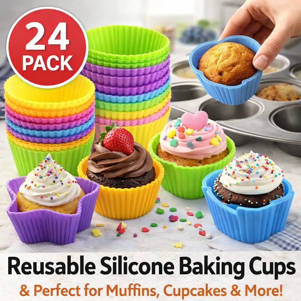 24-Pack Food Grade Silicone Cupcake Liners - Reusable, Non-Stick Baking Molds with Round, Star, Heart, Flower Shapes, Greaseproof for Home Baking, Family Gatherings, 24Pack