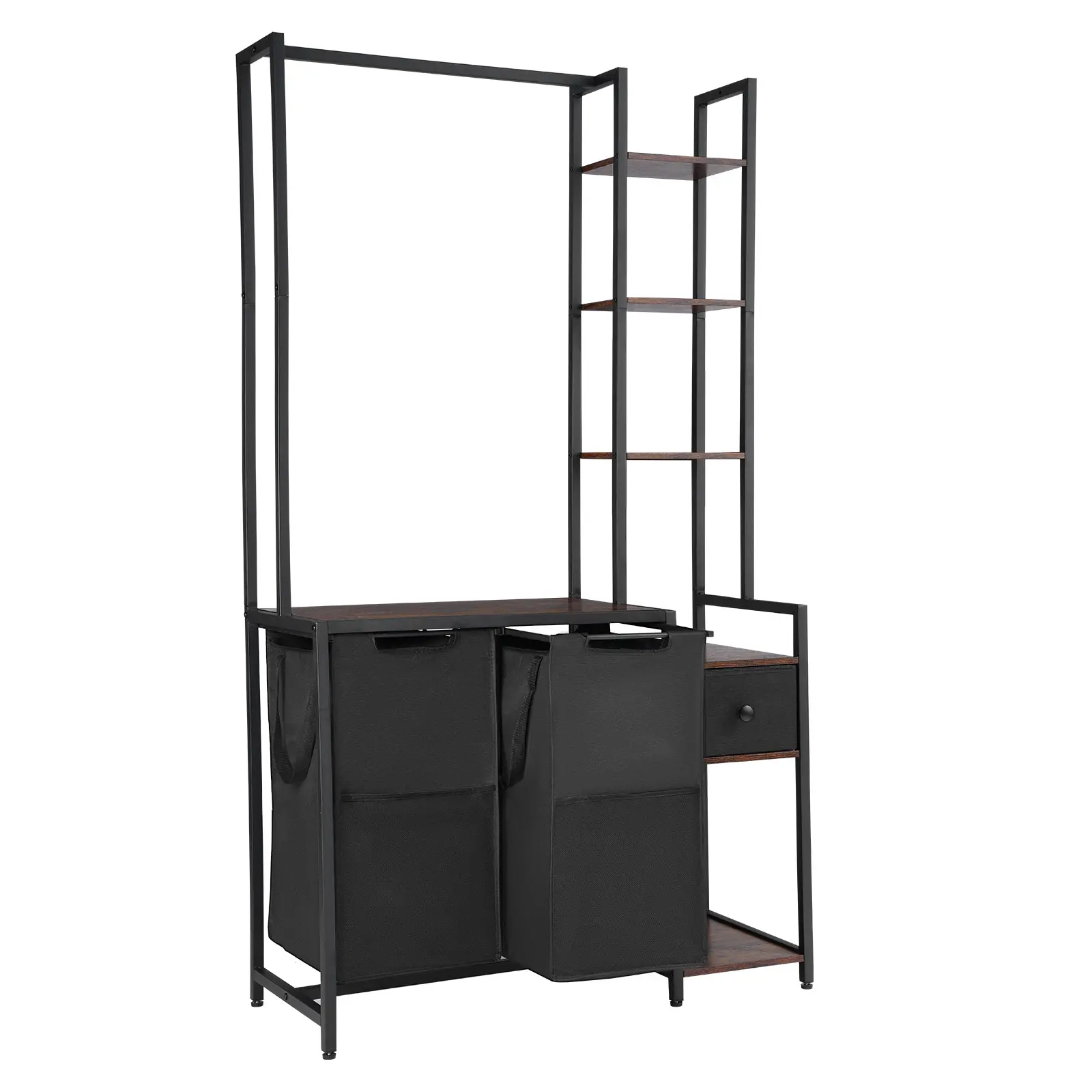VEVOR No-PP Sturdy Laundry Basket Organizer, 3-Tier Freestanding Carbon Steel Frame with 2-Section Hanging Rack, 600D Waterproof Oxford Cloth Bags, Ladder Shelves, Drawers, Adjustable Ft, Machine Washable for Dirty Clothes Storage (Father's Day Gift), Iro