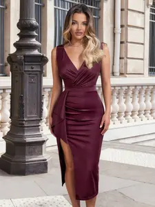CurvySweet Women's Sleeveless V-Neck Bodycon Midi Dress with High Slit & Wrap Hem for Weddings, Cocktail Parties & Evening Events, Elegant Minimalist Fit Style