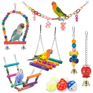 Bird Toys for Conures with Colorful Hammock Bird Cage Accessories Wooden Stand Hanging Bell Birds Chewing Toys for Parrot Parakeet Budgerigar Cockatiel Lovebirds