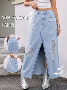 GILIPUR slit Ripped distressed denim maxi skirt, a versatile ankle-length fabric skirt perfect for hot girls Womenswear Bottom. (TChic)
