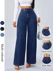 Women's Vintage Elegant High Waist Wide Leg Jeans, Button Front Elastic Waist, Plain Design, Casual Fashion Pants, All Seasons
