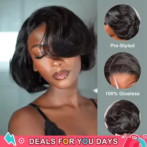 [New In] BGMgirl Blowout Short Bob Straight 7x5 Lace Wear Go Pre-Styled C Part Design Wig Pre-Bleached Tiny Knots Natural Black & Brown Highlight Glueless 100% Human Hair Wig Fashion Look Colored Wig Summer Style #SummerWins #DealsForYouDays