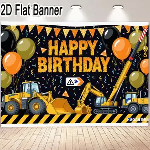2D flat banner, 1pcHappy Birthday Banner - Construction Theme Birthday Decorations for Adults Kids Party - Black Yellow Vehicle Backdrop with Confetti Party Flags Balloons - Bold Yellow Text with Construction Vehicles for Celebrations