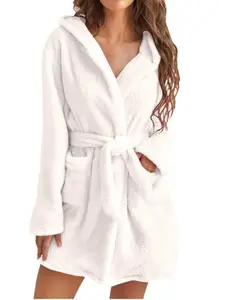 Thickened Plush Hooded Long Sleeve Bathrobe, Comfortable Warm Short Robe with Drawstring, Casual Sexy Style for Women Nightwear Loungewear Loose