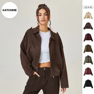 Katch Me Chic Women's Winter Vintage Solid Color Collared Zipper Long Sleeve Jacket, Cozy Oversized Outerwear for Lady, Versatile Loose Outfits for Daily Wear, Soft Womenswear
