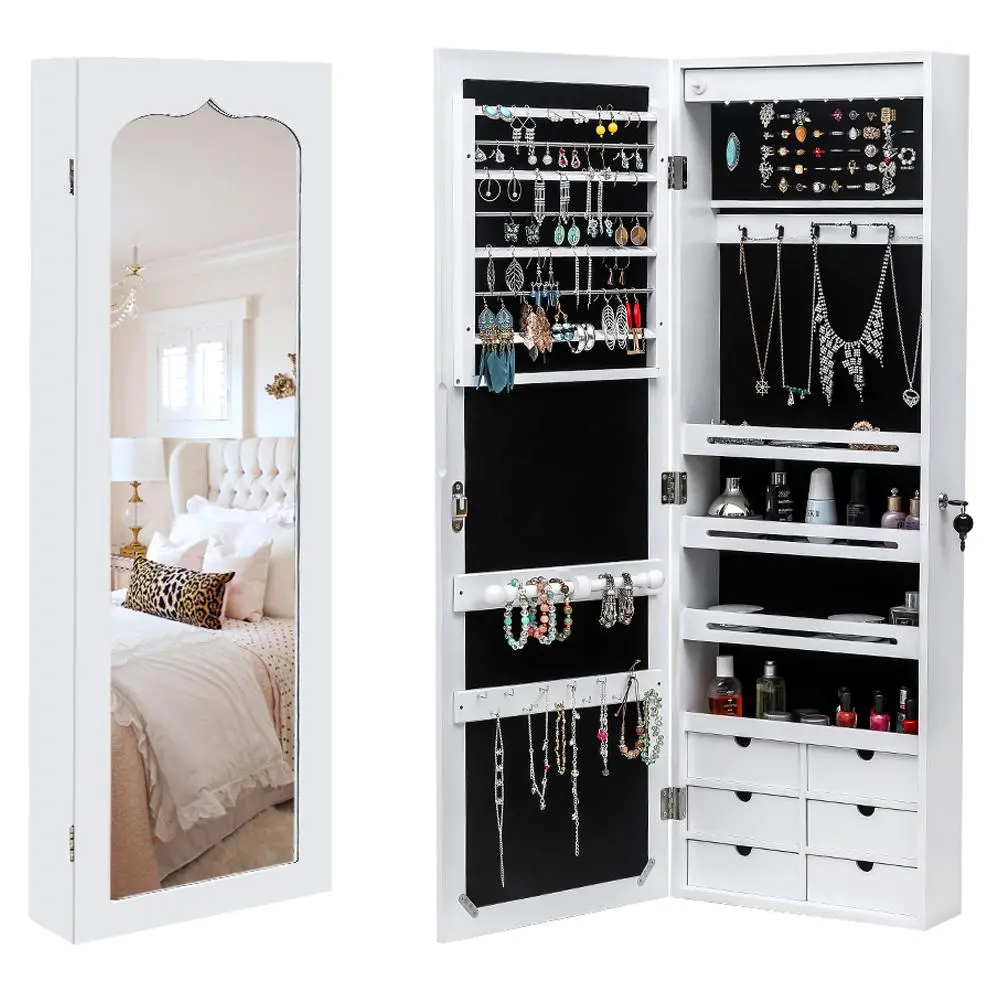 FCH Wall Hanging Jewelry Mirror Cabinet - Interior Storage Furniture with 8 LED Lights, 4 Layer 4.3" Spaced Shelves, 6 Drawers for Smalls, Drawers and Cabinets