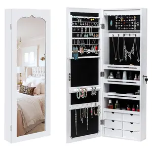 【Summervibes】FCH Wall Hanging Jewelry Mirror Cabinet with 8 LED Lights - 4 Layer Shelves and 6 Drawers