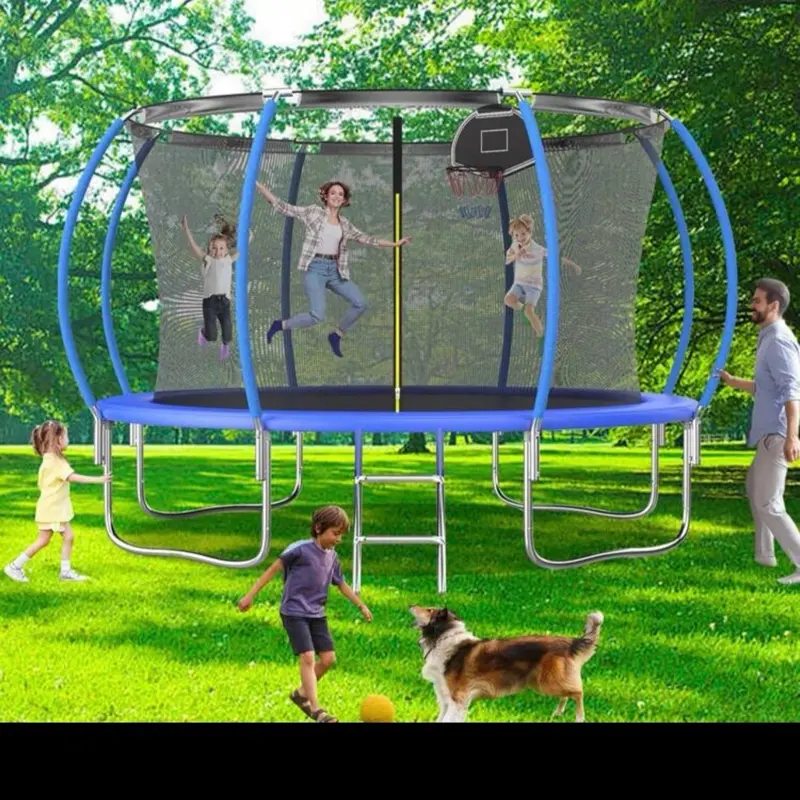 12FT Trampoline With Safety Enclosure Net Recreational Trampoline For Adults ASTM Approval Backyard Outdoor Trampoline With Basketball Hoop, Spring Pad, Jumping Mat & Ladder