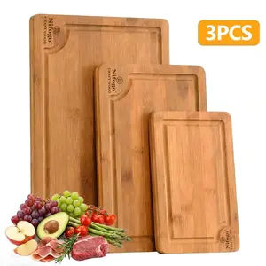 5-Piece Thick Durable Square Deep Carbonized Bamboo Cutting Board Set with Juice Groove - 3 Pcs (9+11.8+15in) for Meat, Vegetable, Chopping Cheese, Kitchen Needs, Includes Kitchen Knives