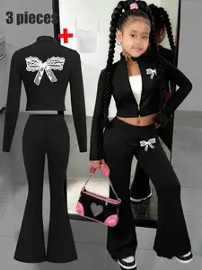 【Three-piece set】Girls' fashion bow pattern printed coat + flared pants + camisole three-piece set, a must-have for fashionable girls, comfortable and casual, perfect for street-style sweet and cool girls, excluding bags.