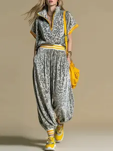 Women's Spring Summer Street Style Casual Leopard Set, Cinched Short Top & High Waisted Slim Pants, Fashionable Daily Wear