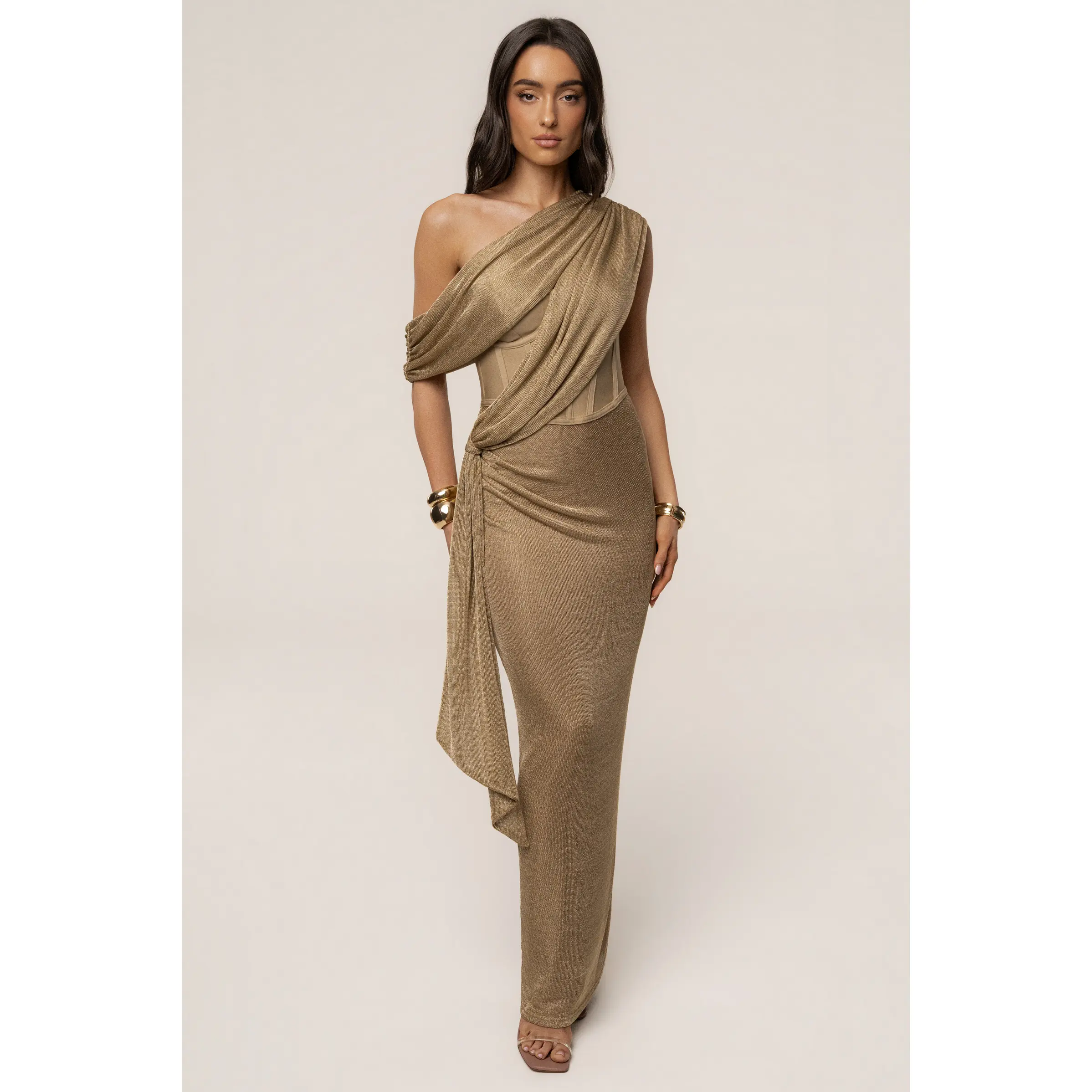 Gold Metallic Celestina Draped Maxi Dress