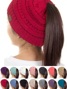 C.C BeanieTail Soft Stretch Cable Knit Messy High Bun Ponytail CC Beanie Hat Cap
