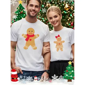 [Christmas Gift] Couple's Matching Christmas T-Shirts - Pink Gingerbread for Man & Heart Design, Soft Everyday Casual Tees for Couples, Holiday Party Outfits - Cozy Winter Clothing Gift for Him/Her, Christmas Shirts, Festive Attire, Playful Print, Comfort