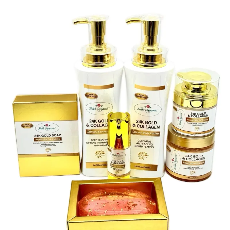 Sha’s 24k Gold & Collagen Unisex Adult Skincare Package Set - Daily Morning Routine Kit with Cleanser, Lightweight Serum, Lotion, Facial Cream, Facial Mask, Retinol Support, Moisturizing Hydration, Anti-Aging, Skin Repair, Evening Glow Enhancement