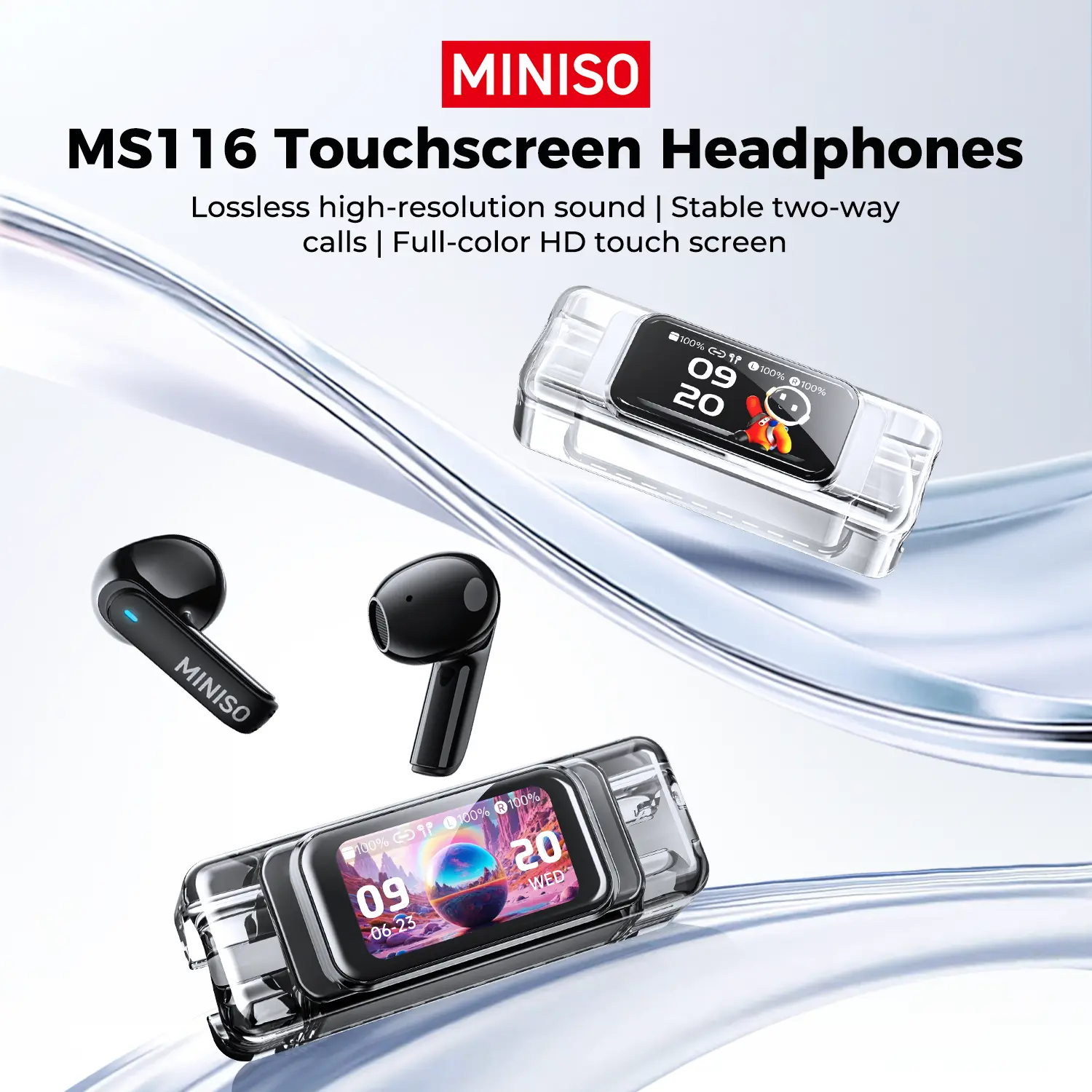 MINISO MS116 True Wireless Electronic Earphones - Bluetooth 6.0, LED Display, High Fidelity, Waterproof, Built-in Microphone, Active Noise Canceling, for Sports, Office, Bluetooth Music Use