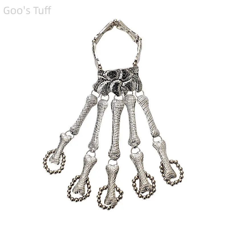 Halloween Gothic Metal Skeleton Hand Slave Jewelry, Adjustable Bone Finger Chain with Rings, Spooky Statement Chain Jewelry Bracelets & Bangles for Cosplay Party Costume