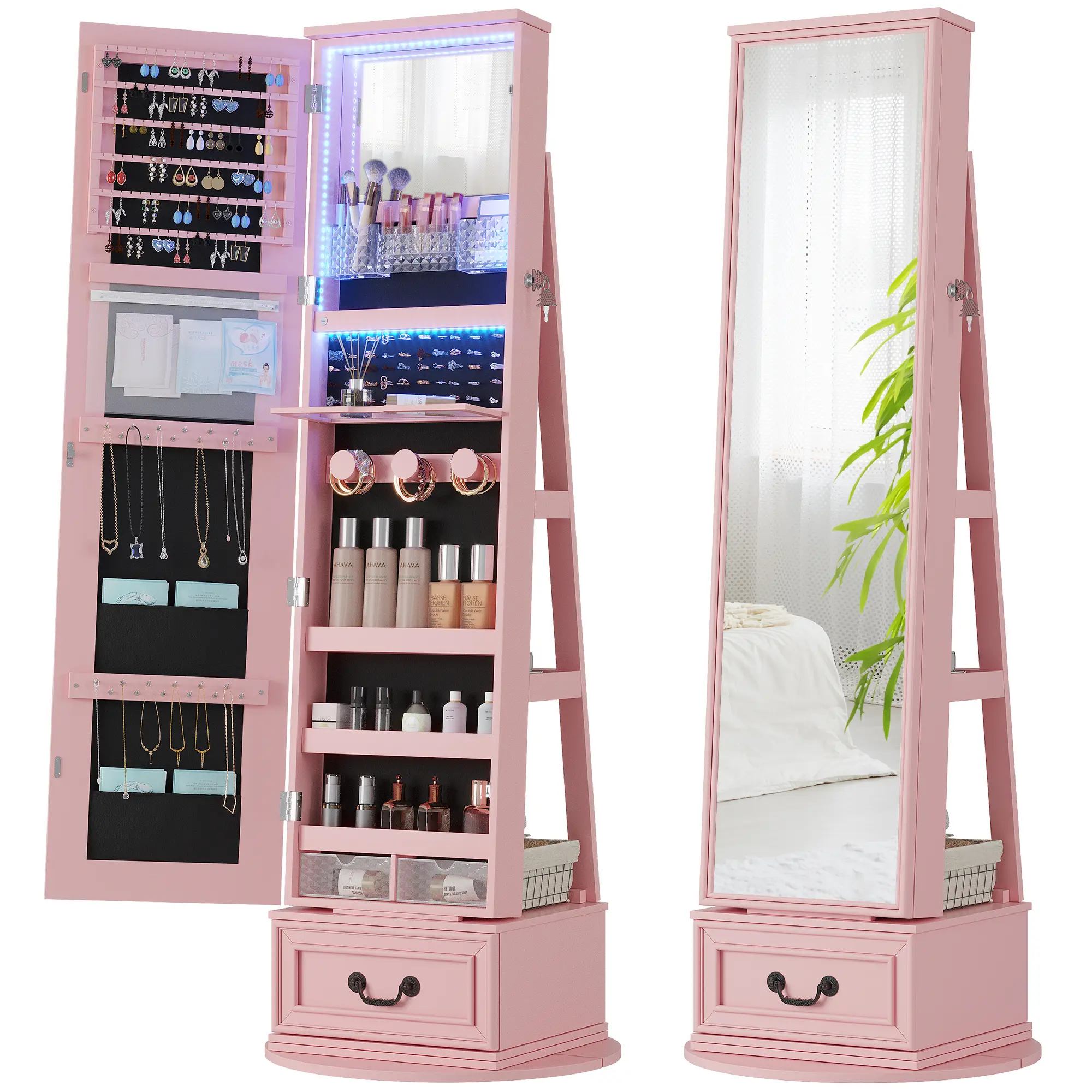 Miuvanity 3-in-1 360 Swivel Jewelry Cabinet with LEDLight, Lockable Jewelry Mirror Cabinet, Standing JewelryArmoire, Frameless Full-Length Mirror, 3 Storage ShelvesGift Idea Decor, Mirror with storage Nedn