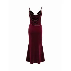 Cider Velvet Cowl Neck Backless Chain Detail Mermaid Maxi Dress