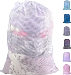 Extra Heavy Duty Large Diamond Mesh Laundry Bags with Drawstring Closure & ID Tag, 24 x 36 inches Washable Storage Bag for College, Travel, Sports, Dorms, White