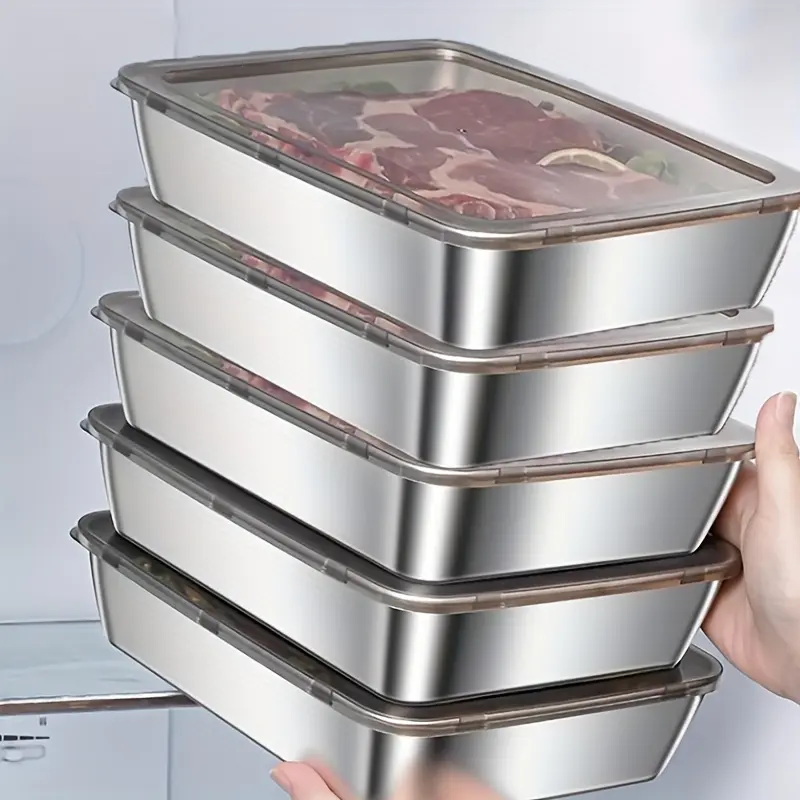 5-Piece Stainless Steel Food Storage Containers Set - Airtight, Leakproof, Resealable, Stackable, Reusable, Easy-to-Clean Portable Kitchen Preserving Containers for Refrigerator, Meal Prep, Leakproof Container