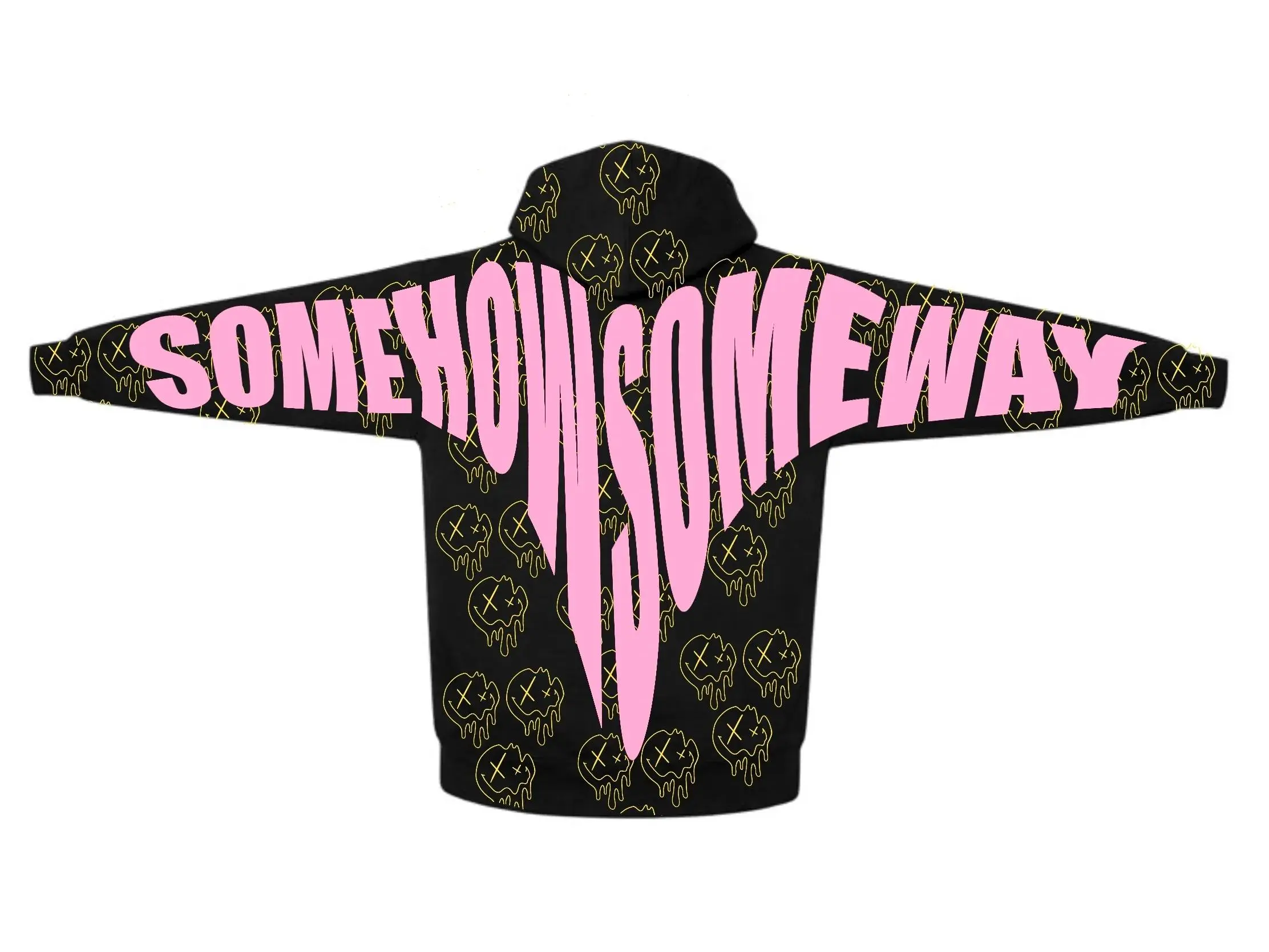 Somehow Someway x Droopy Smiley Hoodie with Pink Lettering and Droopy Smiley Face Screen Print