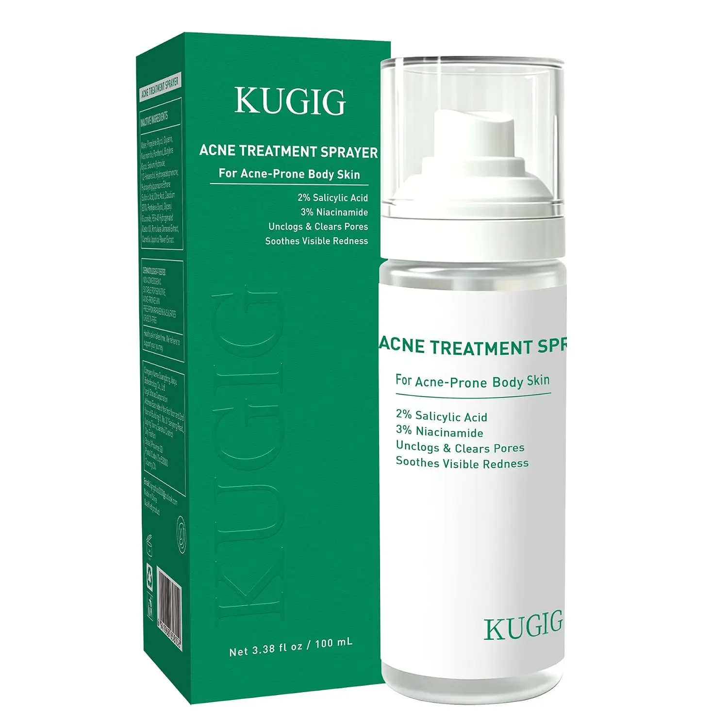 KUGIG Body Acne Spray with 2% Salicylic Acid & 3% Niacinamide, Body Blemish Treatment Mist for Back, Chest & Body, Helps Unclog Pores & Smooth Skin